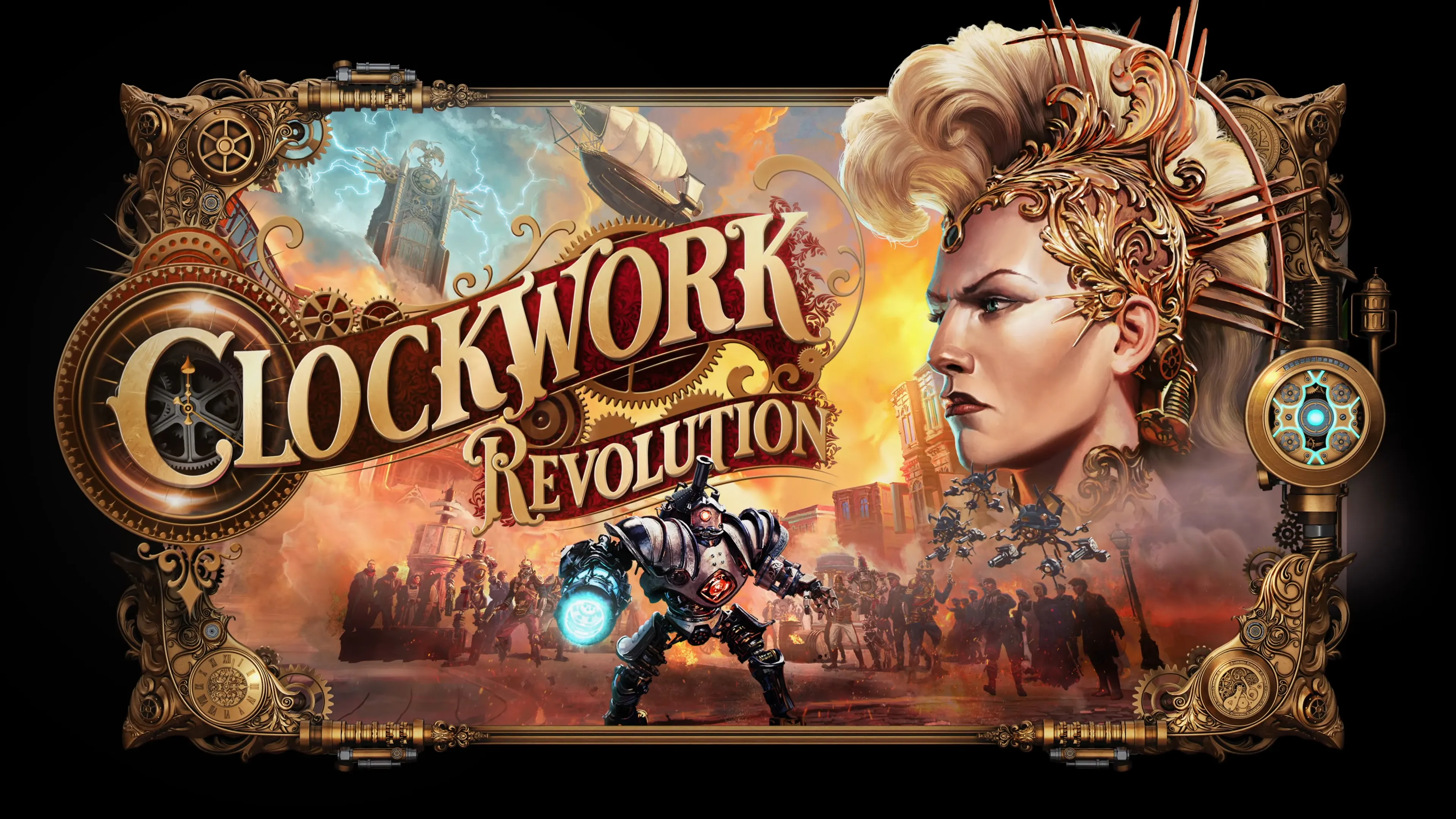 Arte promocional de Clockwork Revolution mostrando uma figura steampunk, engrenagens ornamentadas e uma cidade em meio ao caos.