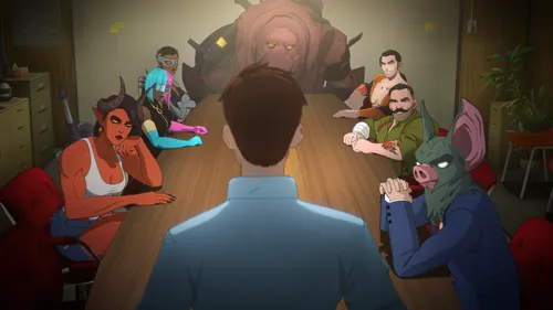 Cena do jogo Dispatch com os personagens sentados em uma mesa