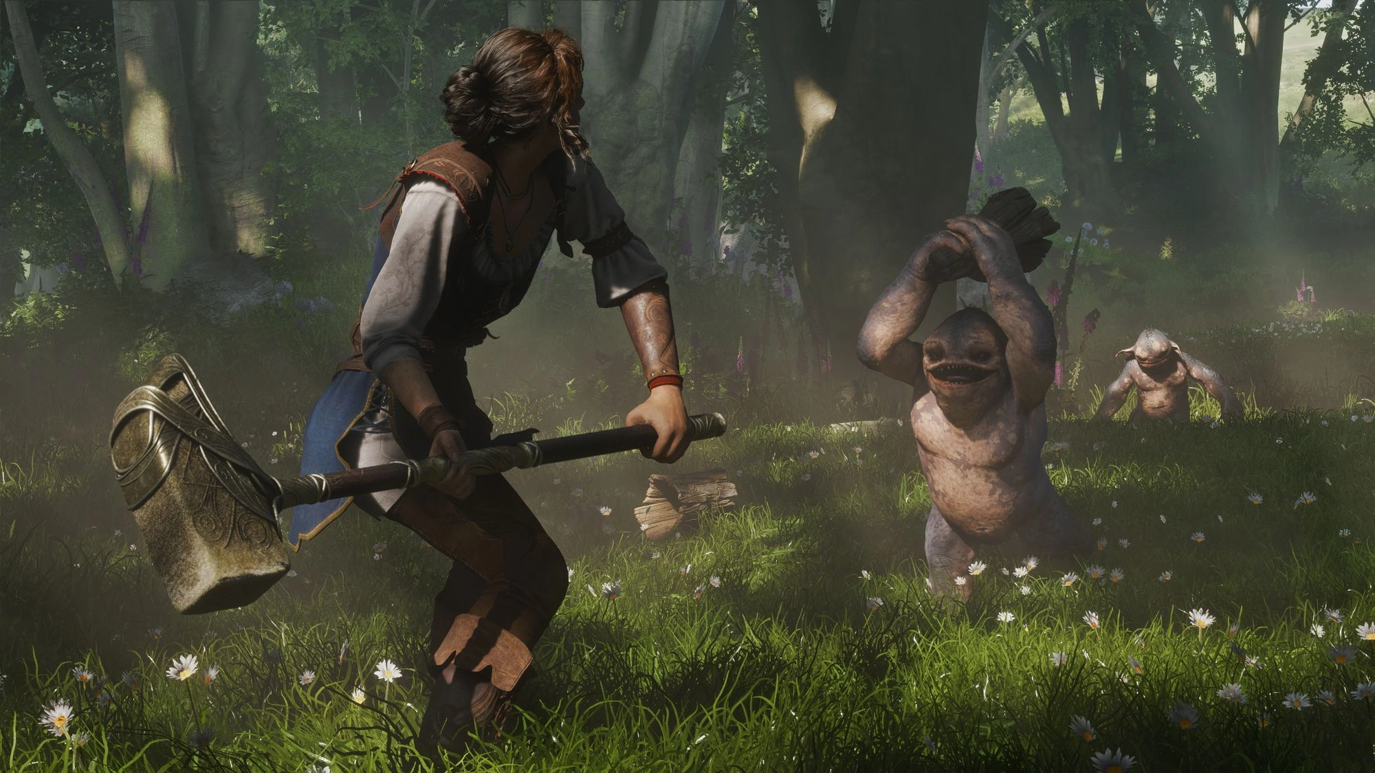 Personagem feminina do jogo fable com uma marreta de pedra enfrentando um goblin