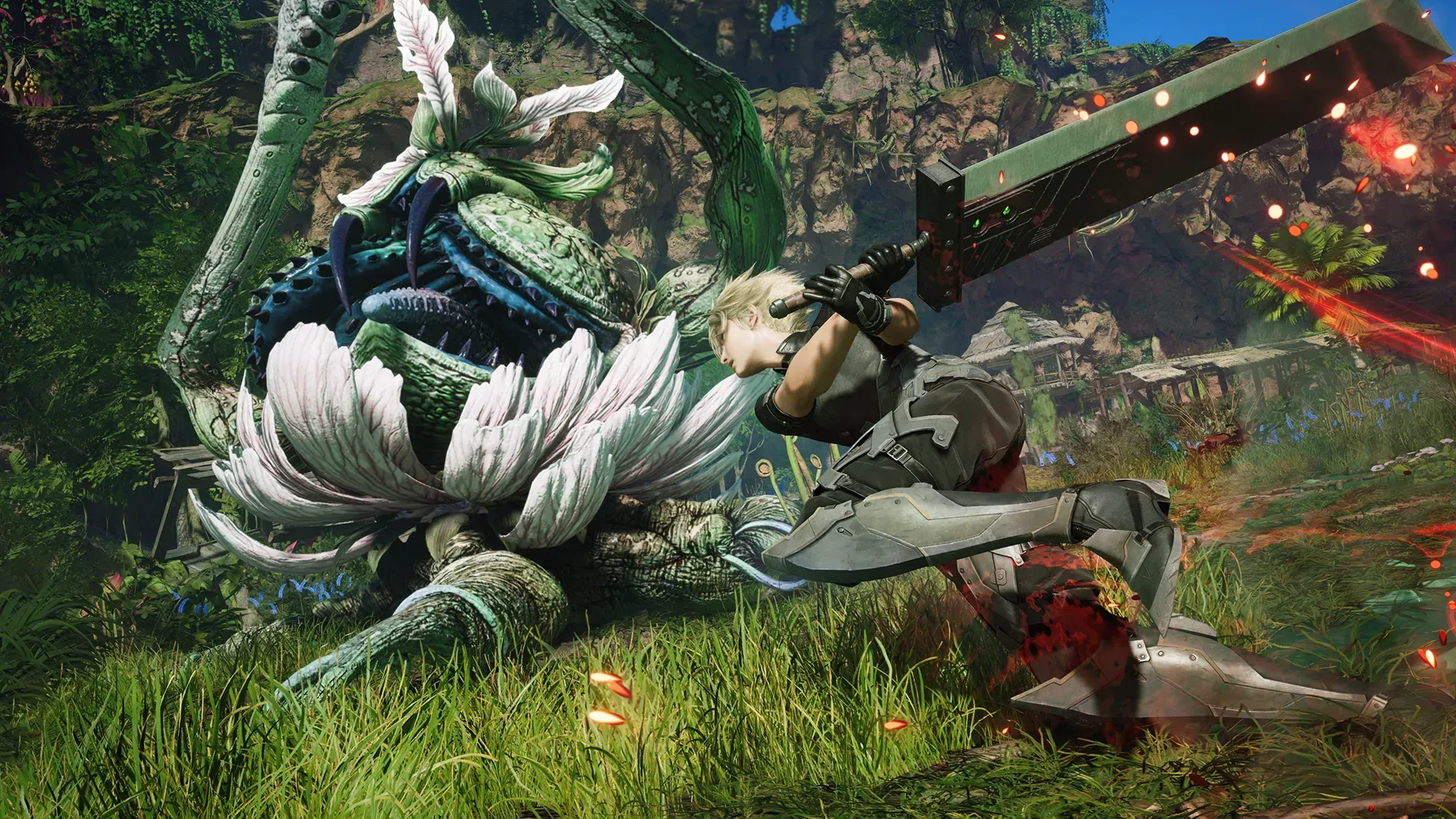 Final Fantasy VII: Revelation — Cloud Strife enfrentando uma gigantesca criatura vegetal em um ambiente tropical, demonstrando o combate de ação e os visuais detalhados da continuação da trilogia remake.