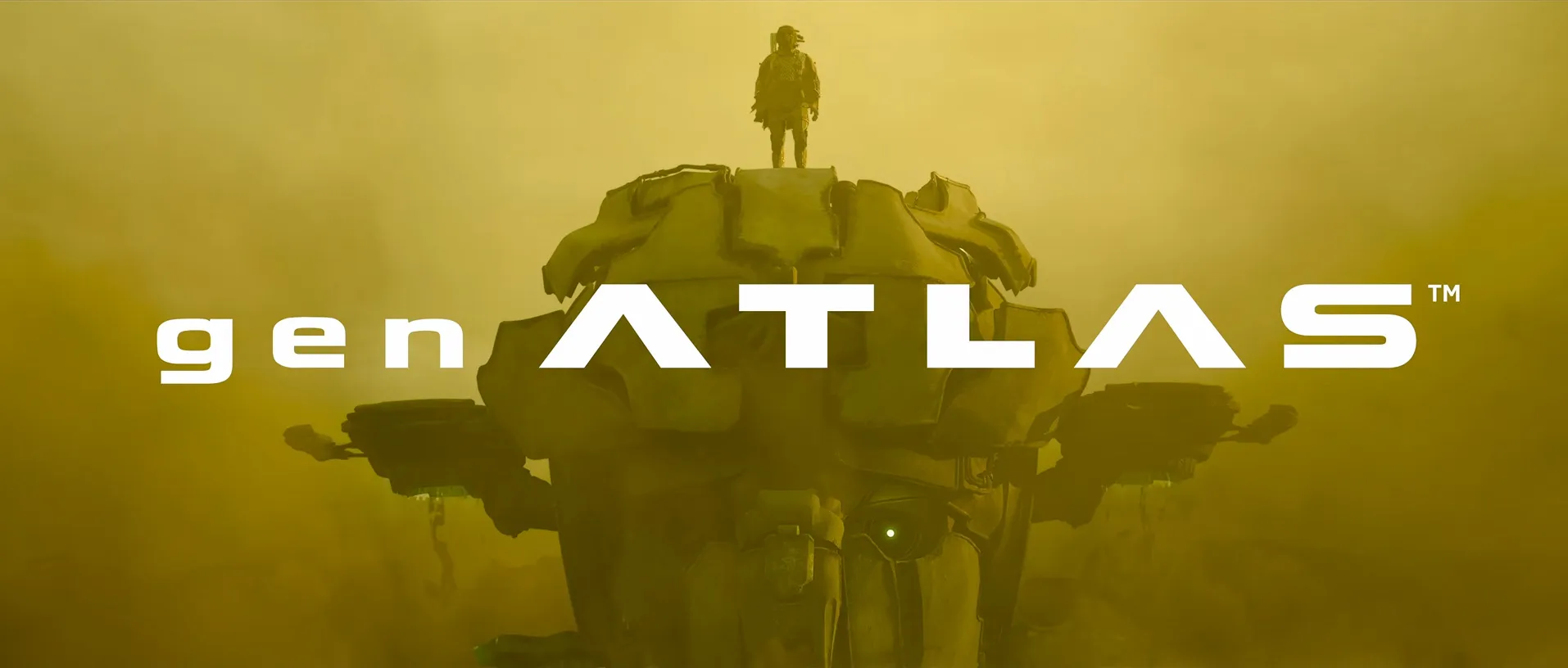 Gen Atlas — Figura solitária observando uma colossal estrutura mecânica em meio a uma paisagem envolta por névoa dourada, reforçando o tom misterioso e épico do novo projeto de Fumito Ueda.