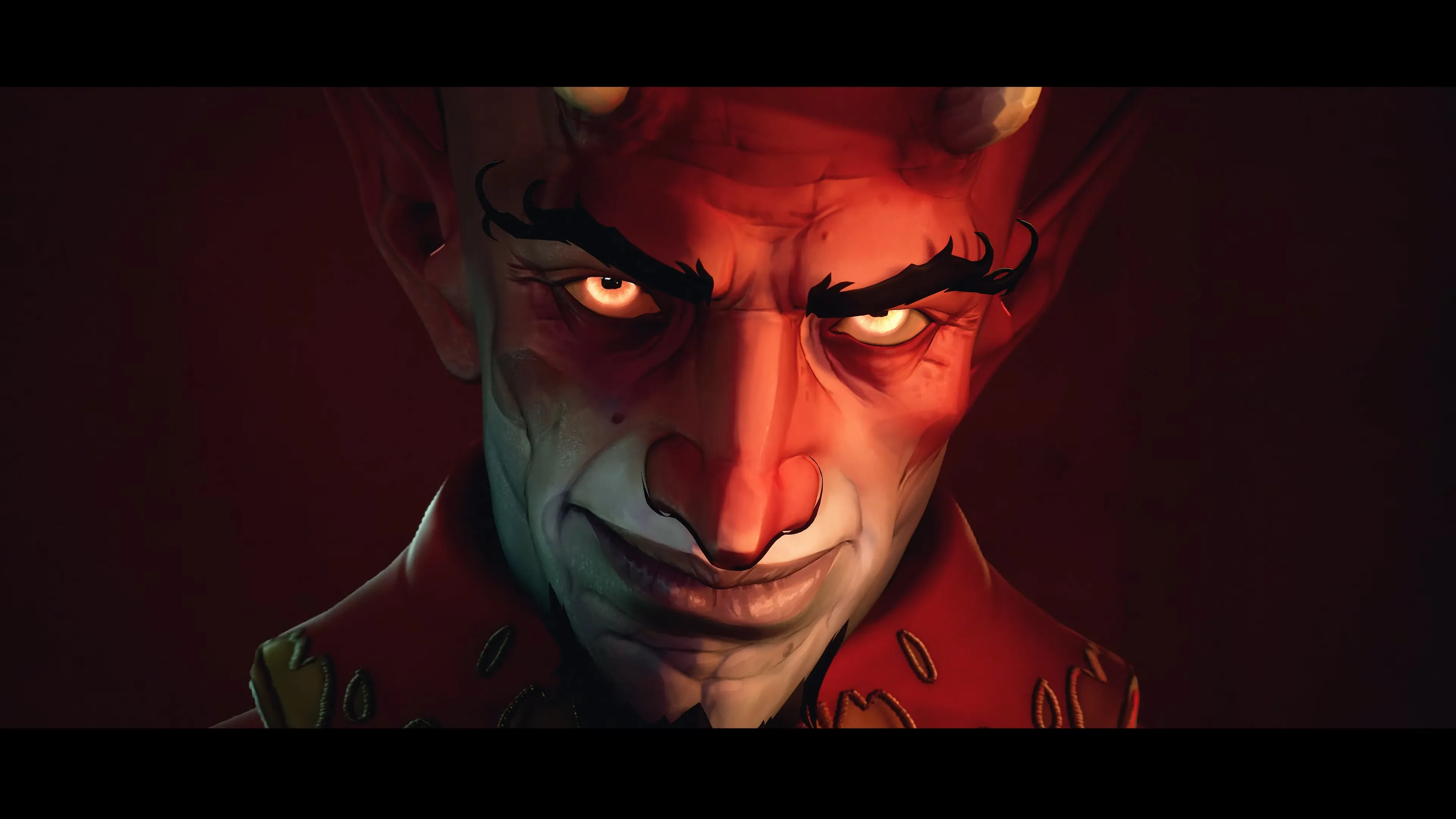 Rosto de um personagem de aparência demoníaca iluminado por luz vermelha, exibindo um sorriso ameaçador.